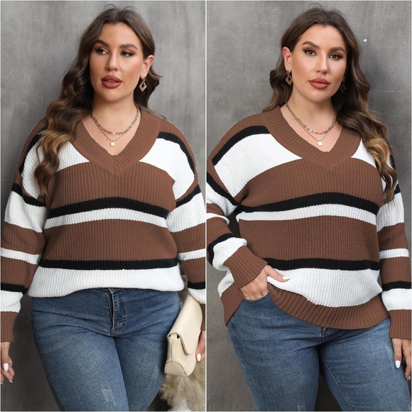 Bold Lines V-Neck Sweater - Chestnut - Picture 2 of 4